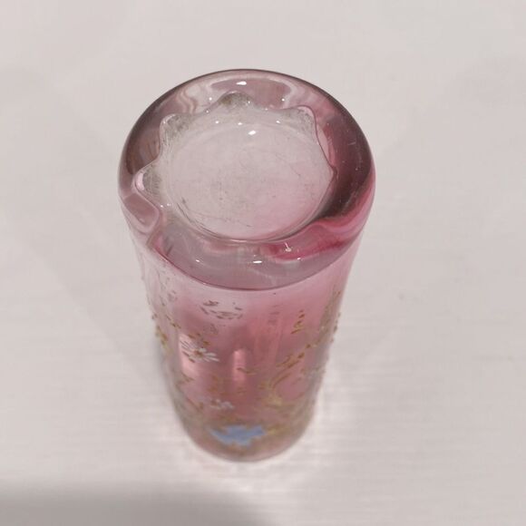 Vintage Hand Blown Cranberry Glass Hand Painted 3D Floral Single Bud Vase - Picture 6 of 9